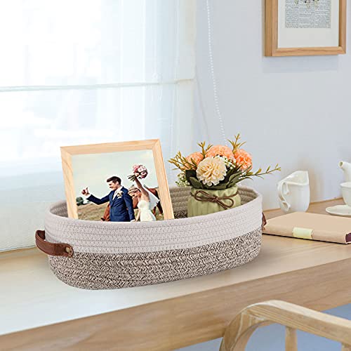 Oradrem Woven Storage Basket for Toilet Tank Top Farmhouse Home Decor Organizing Basket for Bathroom Table and Counter 13""x5.9""x4"" Apricot Stitching White - Image 3